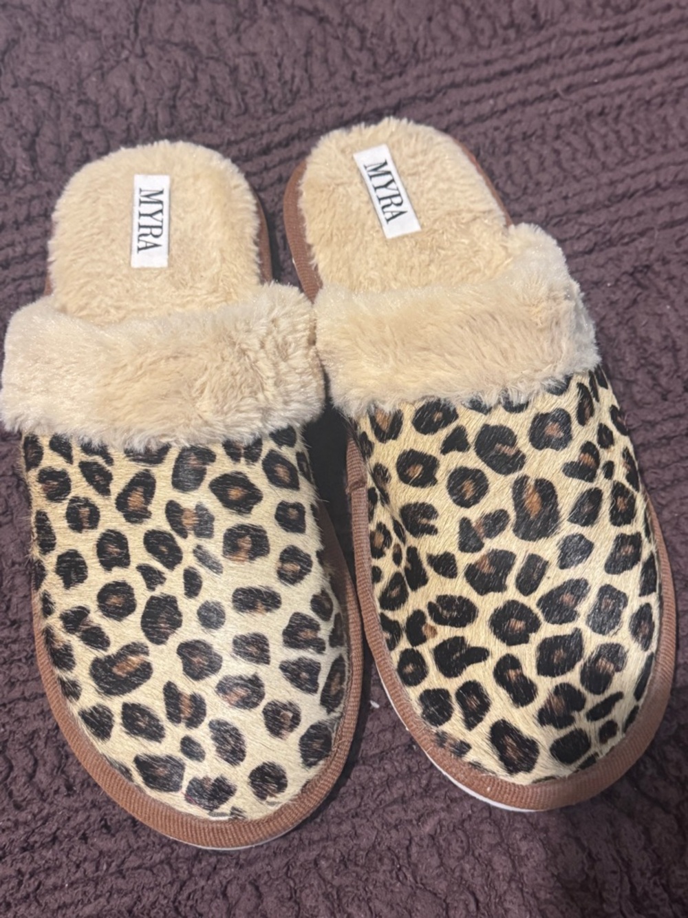MYRA Leopard Print Fur-Trim Slippers - Beige & Brown